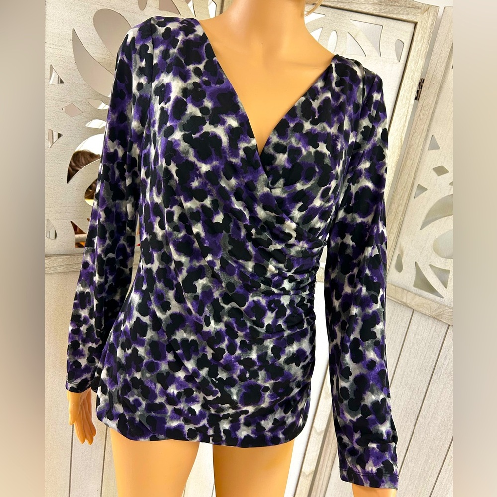 Chaus Purple & Black Animal Print Blouse Size Large